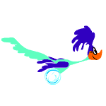 The clipart image displays a stylized, animated depiction of a roadrunner. The roadrunner is colored with a combination of blue and turquoise for its body and plumage, with an orange beak and a swirl that suggests motion at its feet, indicating speed.