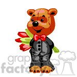 Teddy bear holding a bunch of flowers.