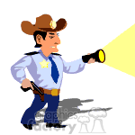 The clipart image features a cartoon sheriff holding a flashlight and a gun. The sheriff is wearing a cowboy hat, a star badge, and is shining the flashlight to the right, casting a bright yellow beam of light while holding a revolver in the other hand.