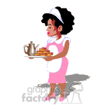 Waitress serving a tray of food.