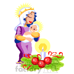 The image is an animated clipart that depicts a figure holding a baby, with a halo around both their heads, which is a common representation of Mary and the infant Jesus. To the right, there's a candle with a halo-like glow around the flame, placed on a bed of greenery adorned with red berries and ribbon, suggesting festive decoration, likely representing Christmas. This image represents the religious aspect of the holiday, focusing on the Holy Family and the birth of Jesus.