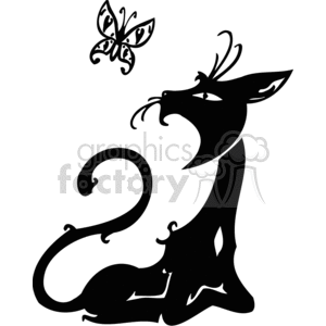 This clipart image features a stylized silhouette of a cat looking upwards at a butterfly. The cat exhibits a playful or curious stance, with its tail curling elegantly. The butterfly is depicted above the cat, with its wings spread open, showcasing a pattern within its silhouette. The overall design is simple, using black and white contrast suitable for vinyl cutting which can be used in signage or decoration.