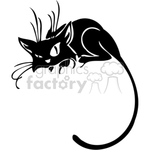 The image is a black and white clipart of a stylized cat in a poised or crouching position. The cat appears to have an exaggerated, long tail and prominent whiskers, with a semi-abstract design suitable for vinyl-ready signage or themed decorations.