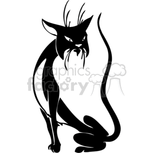 This clipart image features a stylized black cat in a pose often associated with superstition or Halloween. The cat appears to be hissing or showing aggression with a curved back and elongated whiskers, imparting a spooky or eerie effect suitable for Halloween-themed designs or decorations. The simplified, bold lines make it ideal for vinyl-ready signage, due to its ease of reproduction and high contrast.