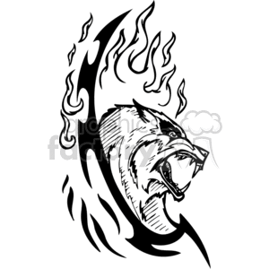 The clipart image features a stylized depiction of a snarling predator, which resembles characteristics of a wolf or similar wild canine, engulfed by dynamic, swirling flames. The design is bold, with high contrast in black and white, making it suitable for vinyl cutting for signage, decals, or tattoos.