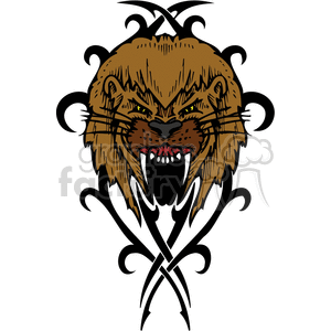 This image features a stylized design of a roaring lion's head with decorative elements that make it suitable for use as a tattoo, vinyl cutter design, or signage. The lion's face is detailed with formidable fangs and an intense gaze, surrounded by curly and sharp tribal-like adornments that give it an edgy and wild appearance. 