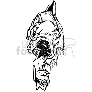The clipart image displays a stylized and aggressive depiction of a dog's head with prominent fangs and sharp claws that create a ripping effect. The design is in black and white, which makes it suitable for vinyl cutting or as a tattoo concept as the image is clean, clear, and has high contrast.