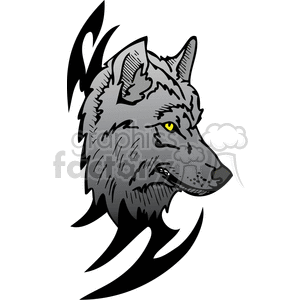 The image is a stylized clipart of a wolf's head with tribal or tattoo design elements. The wolf features prominently with a striking yellow eye. The design is simplified and graphic, suitable for vinyl cutting or making signage, and has a look that could be used for tattoos as well.