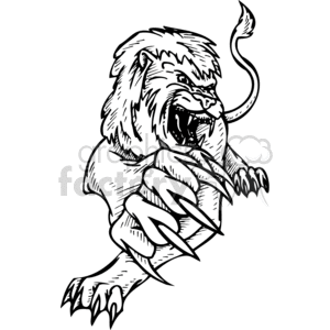 This clipart image features a stylized depiction of a roaring lion, a classic symbol of a wild predator. The design showcases the lion in an aggressive and dynamic pose, with exposed claws and an open mouth, suggesting a roar or attack. The illustration is in black and white, suitable as a tattoo design or for vinyl-ready cutter usage in signage and various decorations.