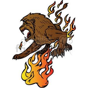 The clipart image features a stylized illustration of a fierce predator, which resembles a lion. The animal is depicted with an open mouth, showing aggression. Flames are integrated into the design, emanating from various parts of its body, including its back, tail, and paws, giving it a fiery appearance. The design looks bold and dynamic, with a tattoo-like quality, making it suitable for vinyl-ready cutter projects or other graphic uses.