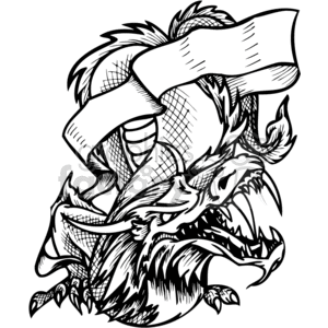 The image depicts a stylized dragon intertwined with a banner or scroll, created in a bold, outline-based style suitable for vinyl cutting or tattoo design. The dragon appears feral and menacing, with sharp claws, jagged scales, and an open mouth filled with pointed teeth. The banner wraps around the dragon's neck and body, leaving space where text might be added.