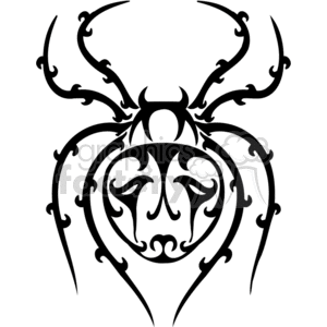 The clipart image shows a stylized, decorative spider with a symmetrical design suitable for vinyl cutting. It features curving patterns that form the spider's legs and body with a distinct circular section in the center that resembles a face or mask, adding a spooky element to the design.