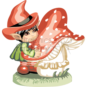 Elf little boy hugging a big mushroom 