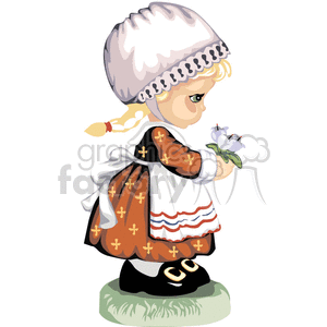 Girl with an apron and a bonnet holding flowers