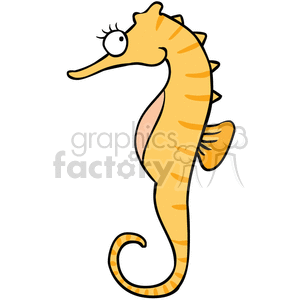 This is an image of a cartoon seahorse. The seahorse is portrayed with a simplified, cute appearance featuring a prominent snout and a curled tail. It is standing in profile with a visible eye and fin, and it has a pattern of stripes on its body.