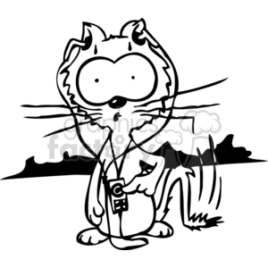 The clipart image shows a stylized, cartoonish cat standing upright with exaggerated features. The cat has large, round eyes and is holding a portable music player with one paw, presumably listening to music through the earphones that seem to be dangling from its ears. The cat has a funny and casual appearance, indicative of a relaxed attitude often associated with enjoying music.