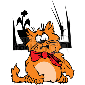 In the clipart image, there is a cartoon depiction of a chubby orange cat with a whimsical and slightly startled expression. The cat is wearing a big red bow around its neck. Behind it, there are simple black lines suggesting grass or plants, and a small flower with a four-leafed blossom. The cat's fur is fluffy and it has prominent whiskers. The overall tone of the image is playful and comical.