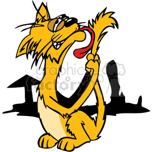 The clipart image features a humorous and exaggerated depiction of a yellow cat with a very long tail. The cat is licking its tail with a large red tongue, and it appears to be quite content with itself. The cat's expression is one of smug satisfaction, and its body language suggests it is enjoying its grooming session. The background shows a simple outline of a house's roof, adding some context to the scene.