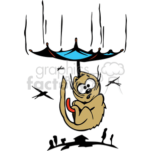 The clipart image features a cartoon cat hanging onto the handle of an umbrella, which is inverted due to strong rain and wind. The rain is depicted by vertical lines coming down from the top of the image. The silhouette of a cityscape is visible in the lower part of the image, indicating the cat and the inverted umbrella are above the buildings, possibly being blown away by a storm.