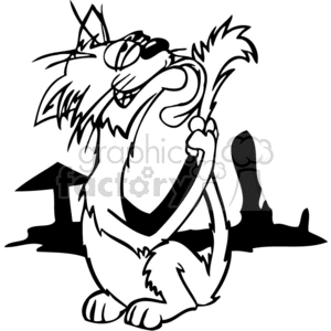 The clipart image shows a comically styled cat sitting down and licking its tail. Its head is turned towards its back, and it has one eye closed as if squinting while its tongue reaches out to lick its tail. The cat exhibits exaggerated features such as large whiskers, a cheeky grin, and a fluffy, bushy tail that it's holding with one paw. There's a simple outline of a house in the background, suggesting the cat might be sitting outside.