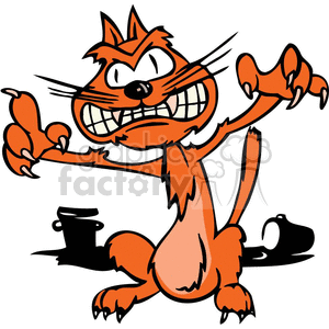 The clipart image shows a goofy and exaggerated cartoon cat with a wide smile displaying large teeth. The cat appears wild and crazy with its eyes pointed in different directions and an overly excited or manic expression. It has its arms outstretched as if gesturing wildly and its tail is also shown in a lively position. Additionally, there is a black object resembling a toppled-over container or pot near its left foot.