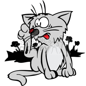 This clipart image depicts a humorous cartoon of a gray cat scratching its chin with a concerned expression. There is a small red bug on the cat's paw, which appears to be the cause of the cat's irritation. The cat has large, exaggerated facial features, including wide eyes and an open mouth showing its tongue, which add to the comic effect. The background includes a simple illustration of black tufts of fur or dust, suggesting scratching has been occurring.