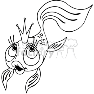 The clipart image depicts a humorous rendition of a fish characterized as a princess. The fish has feminine facial features, such as large eyes with eyelashes, and full lips. It's wearing a crown on its head, suggesting its royal status. 