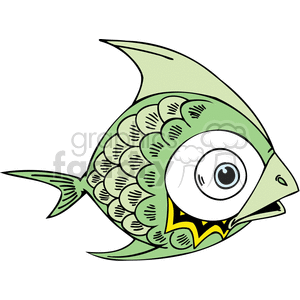 This is a colorful clipart image of a cartoon fish. The fish appears stylized with an exaggerated large eye and a mouth with sharp teeth shown open. It features a pattern of prominent scales on its body, a pointy fin, and a tail. The scales are shaded to give a three-dimensional appearance.