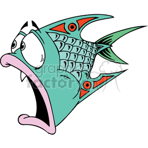 The image depicts a cartoon fish with an exaggerated startled or scared expression. The fish's eyes are wide open, and its mouth is agape, indicating a strong element of surprise or shock. The fish has a detailed pattern of scales on its body and stylized fins with accentuated shapes and colors.