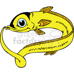 The image shows a humorous depiction of a yellow fish with a large, exaggerated eye and a quirky expression, biting its own tail forming an almost circular shape.