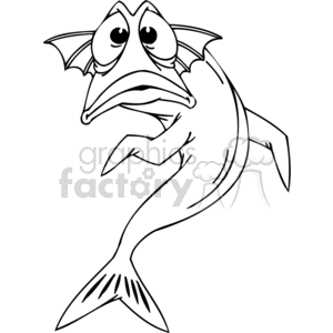The clipart image depicts a stylized, anthropomorphized fish with a funny and confused expression. The fish has large bulging eyes, wing-like fins near its head, and a prominent downturned mouth, creating a humorous and bewildered look. Its body language, with a hand-like fin placed under its chin, reinforces the impression of confusion or deep thought.