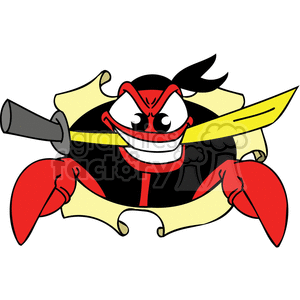 The clipart image depicts a stylized red crab wearing a black and red outfit suggestive of a comedic or cartoonish pirate. The crab has a menacing expression on its face and is appearing to laugh or grin broadly, showing its teeth. The crab's claws are raised as if ready for action, and it's wearing an eye patch, which is often associated with pirate characters. There's a cutlass (a type of sword) in the background, hinting at the pirate theme.