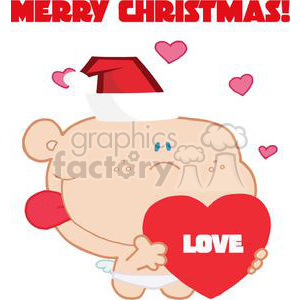 Baby holding love heart wearing santa hat With Merry Christmas Above
