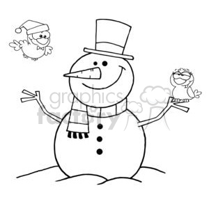 Outlined-Friendly-Snowman-With-A-Cute-Birds