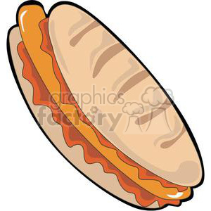 This clipart image depicts a hotdog with a sausage placed within a long bun, which appears to have grill marks indicating it may be toasted. The hotdog has a layer of condiment that could be ketchup or a similar sauce.