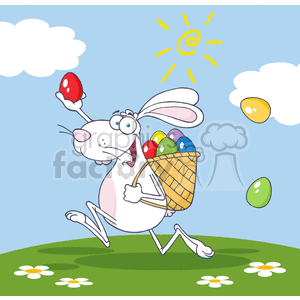 white bunny rabbit delivering colored eggs