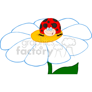 The image is a cartoon-style clipart featuring a smiling red ladybug with black spots sitting on the yellow center of a large, white daisy flower. The ladybug has a happy expression, with wide eyes and a big grin, adding to the humorous aspect of the image.