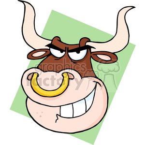 This clipart image shows a stylized cartoon character of a light brown bull. The bull has a large, exaggerated face with a big, cheeky smile, showcasing a row of white teeth and a yellow nose ring. The animal also has prominent, curved horns, small eyes with a mischievous or grumpy expression, and one visible ear. The background consists of two-toned green color blocks, suggesting a simplistic stylized representation of a farm setting or countryside.