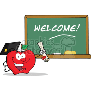 4306-Graduate-Apple-Character-Holding-A-Diploma-In-Front-Of-School-Chalk-Board