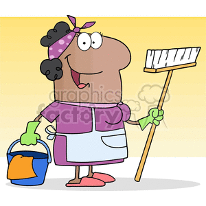The image shows a cartoon of a whimsical, stylized character that resembles a cleaning lady or maid. She has a funny and friendly appearance with a large smile and googly eyes. The character is wearing a dress with a white apron, a headscarf with polka dots, and slippers. She's holding a broom in one hand, which has a wooden handle and a white brush, and a bucket filled with cleaning solution in the other hand, with a glove on. The background is a simple yellow with a subtle gradient effect giving it depth.