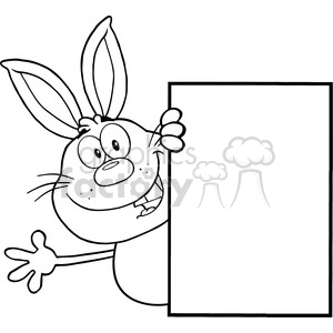 Royalty Free RF Clipart Illustration Black And White Cute Rabbit Cartoon Character Looking Around A Blank Sign And Waving