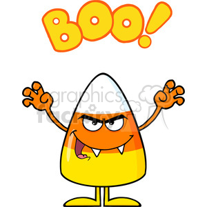 8884 Royalty Free RF Clipart Illustration Scaring Candy Corn Cartoon Character Holding Up His Arms With Text Vector Illustration Isolated On White