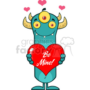 8926 Royalty Free RF Clipart Illustration Smiling Horned Blue Monster Cartoon Character Holding A Be Mine Valentine Love Heart Vector Illustration Isolated On White
