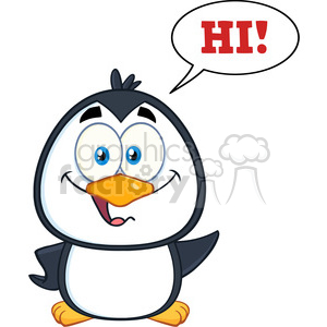 royalty free rf clipart illustration smiling cute penguin cartoon character waving with speech bubble and text vector illustration isolated on white