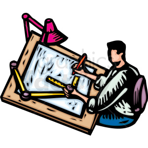 The clipart image shows an artist or architect at work. They are sitting at a drafting desk with various tools, including a light, spread out in front of them. The person is likely an employee working on architecture or art projects.