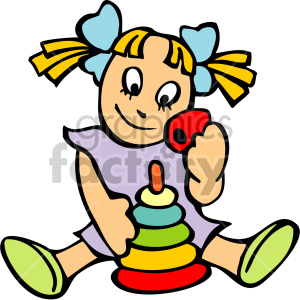 The image is a colorful clipart depicting a cartoon child sitting down and playing with a stack of rings, which is a classic children's toy. The child, appearing to be a girl with yellow hair tied in pigtails with blue bows, is smiling and holding one of the rings. The rings are on a conical base with the largest ring at the bottom, colored red, and the other rings are green, yellow, and blue, with the smallest on top being orange.
