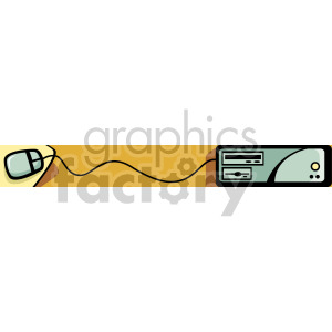 The clipart image features a stylized depiction of a computer mouse connected by a cord to the back of a desktop computer tower. The color palette includes shades of beige, yellow, and blue-grey. The computer mouse has a single button and a scrolling wheel, while the desktop computer tower showcases a power button, disk drive, and possibly USB ports.