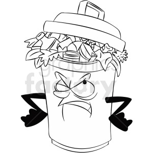 black and white cartoon full trash can character