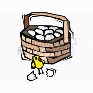 The clipart image shows a brown woven basket with a handle, filled with white eggs. Beside the basket, there's a yellow chick that appears to have just hatched from an egg, as evidenced by the broken eggshell pieces around it.