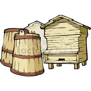 The clipart image displays two wooden barrels, possibly honey barrels, situated next to a traditional beehive. The beehive is designed in a conventional box shape that is often used in apiaries for beekeeping.